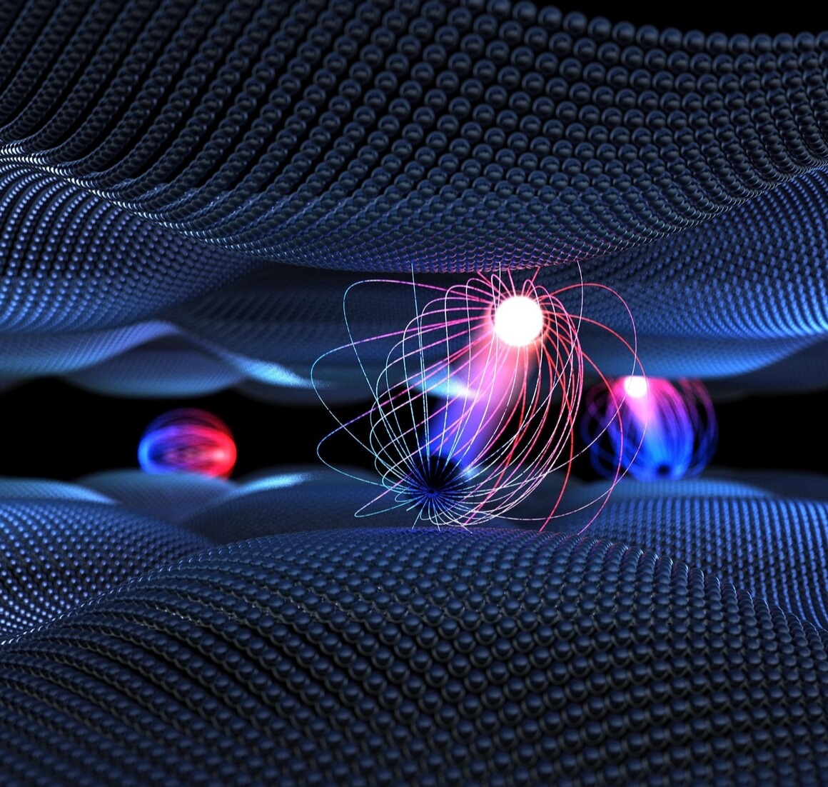 Artistic representation showing the twisted layers of tungsten diselenide (top) and molybdenum disulphide (bottom). Following excitation using light, a multitude of optically “dark” excitons form between the layers. These “dark” excitons are electron-hole pairs bound by Coulomb interaction (light and dark spheres connected by field lines), which cannot be directly observed using visible light. One of the most interesting quasiparticles is the "moiré interlayer exciton" – shown in the middle of the image - in which the hole is located in one layer and the electron in the other. The formation of these excitons on the femtosecond time scale and the influence of the Moiré potential (illustrated by peaks and troughs in the layers) were investigated in the current study using femtosecond photoemission momentum microscopy and quantum mechanical theory. @ Brad Baxley, Part to Whole, LLC