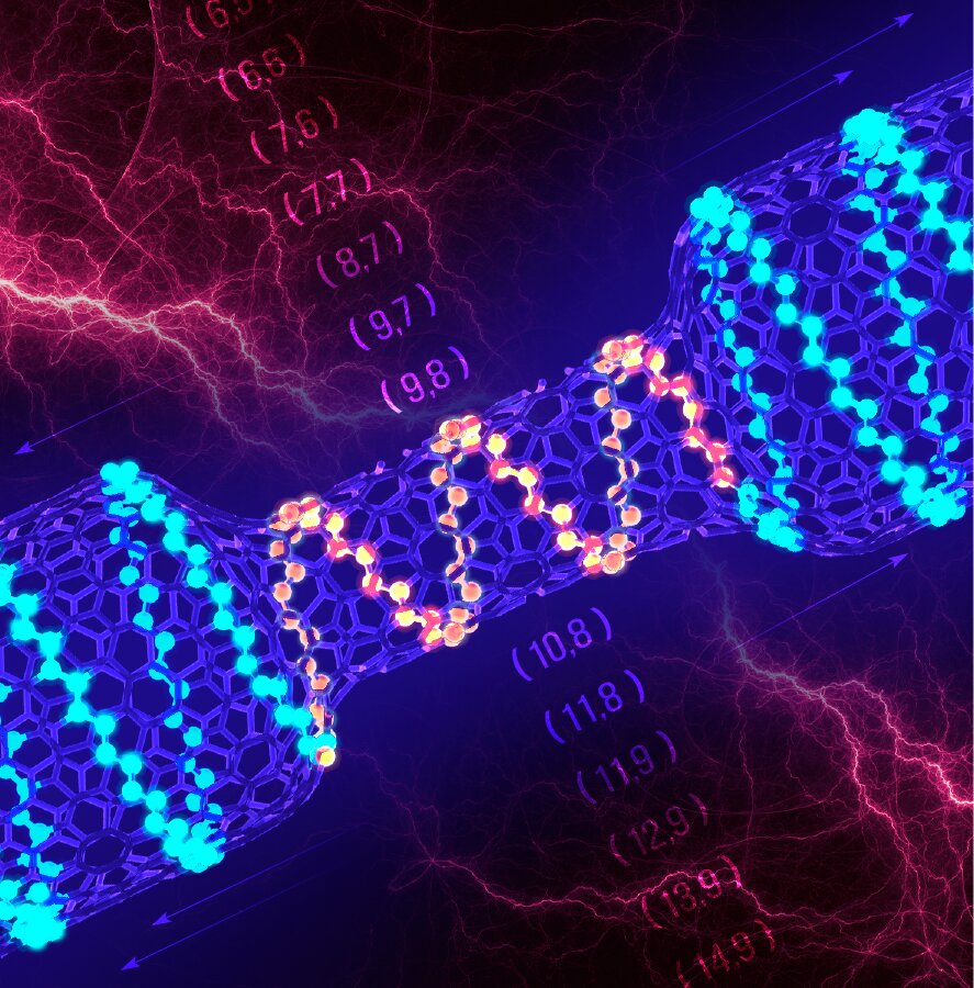 A designer view of a single-wall carbon nanotube intramolecular junction with metallic portions on left and right ends and a semiconductor ultrashort ~3,0nm channel in between. @ National University of Science and Technology, Moscow
