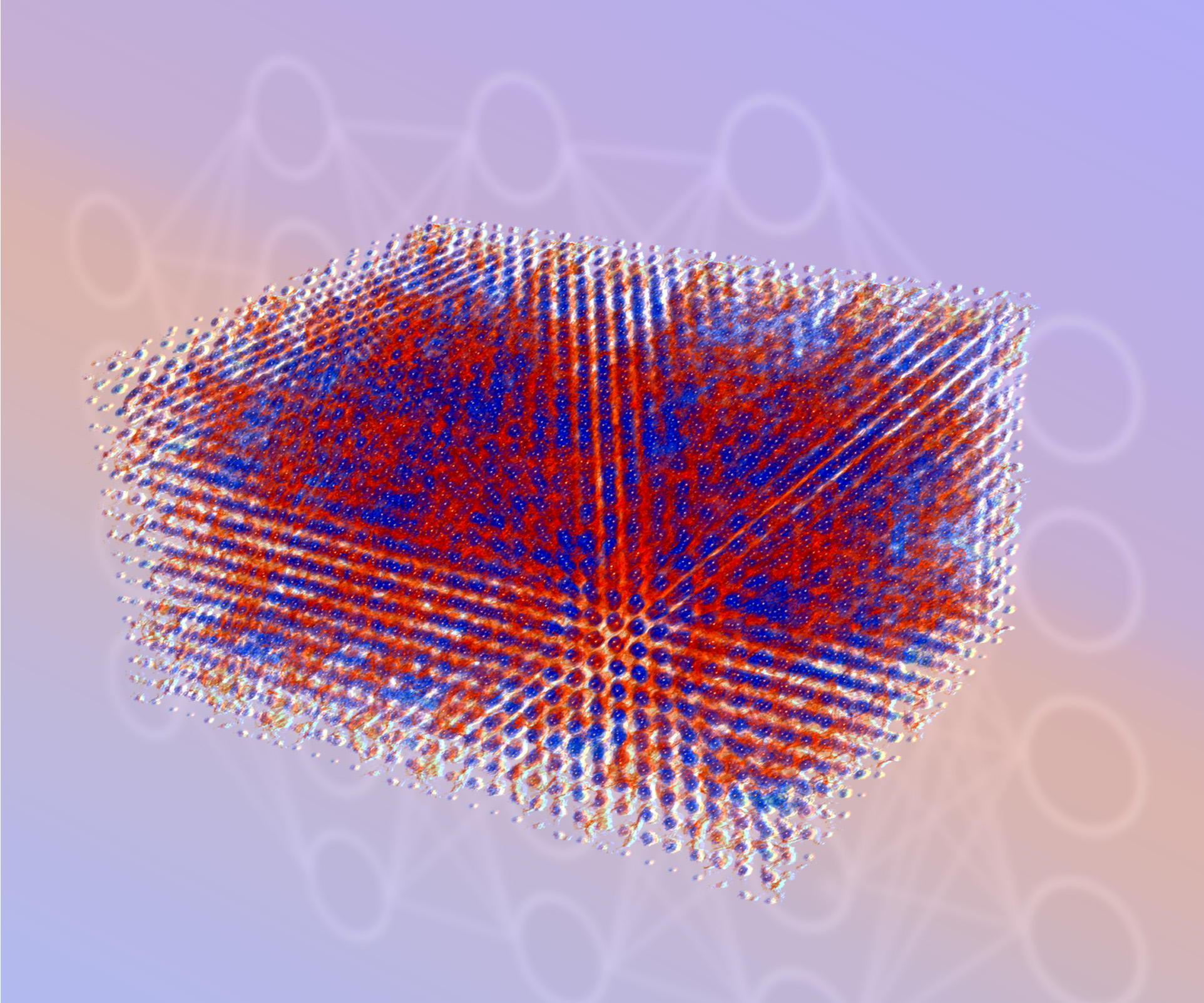 Snapshot of a deep learning simulation of more than 10,000 beryllium atoms. The distribution of electrons in this material is visualized as red (delocalized electrons) and blue (electrons located close to the atomic nuclei) point clouds. This simulation is not feasible using conventional DFT calculation. Thanks to MALA, it was accomplished within about 5 minutes employing just 150 central processing units. Graphical filters have been used to increase the intelligibility of the simulation. The white areas at the fringes are also due to the filters. The scheme in the background hints at how deep learning works. @ HZDR / CASUS