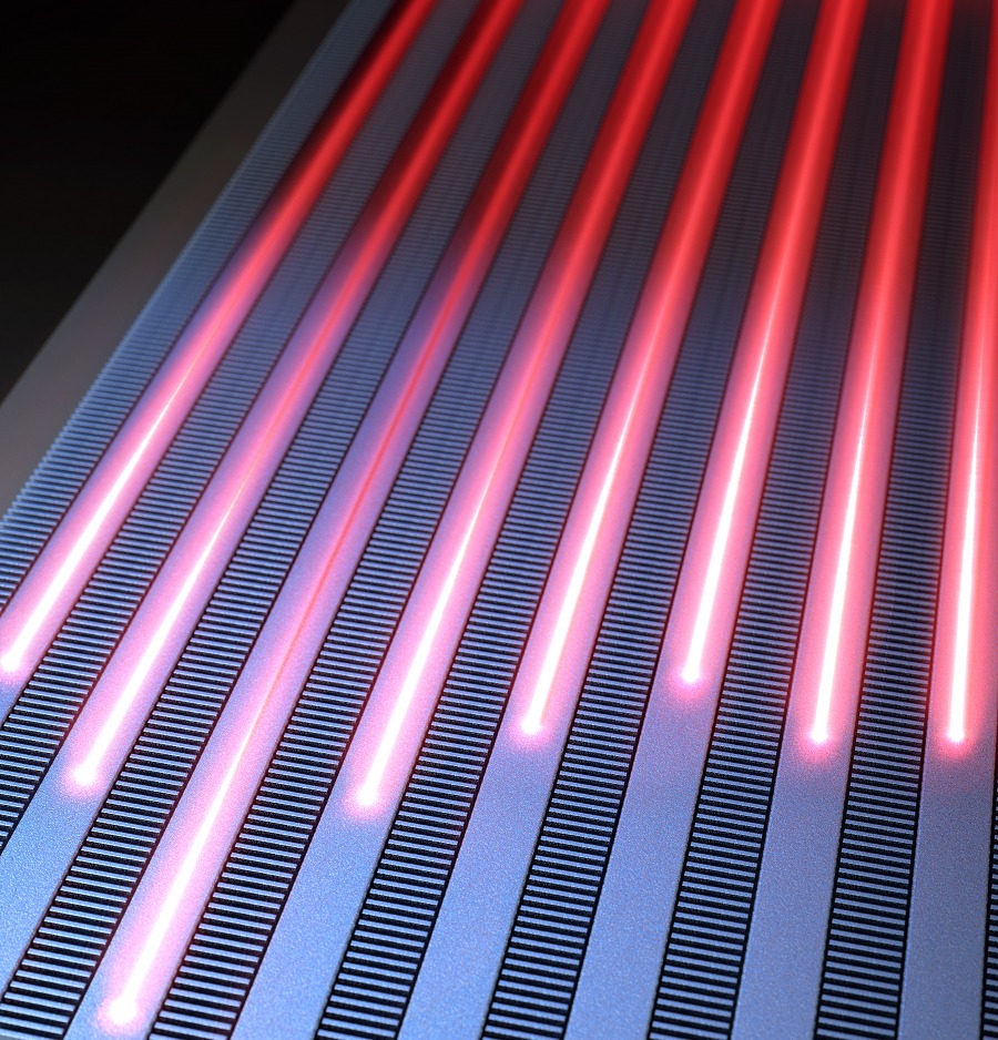 Illustration depicting light propagation without crosstalk in the waveguide array of the developed metamaterial-based optical semiconductor. @ Korea Advanced Institute of Science and Technology