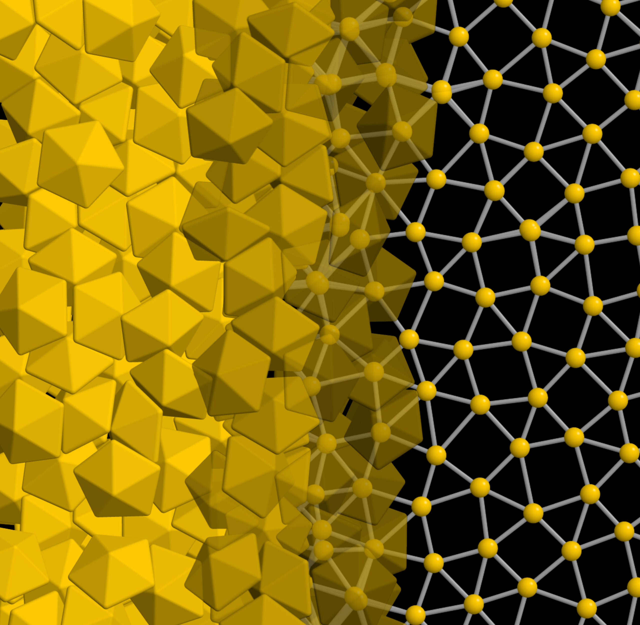 The simulation shows the decahedra packing together into a quasicrystalline structure on the left, with a diagram of the structure on the right. @ Glotzer group, University of Michigan.