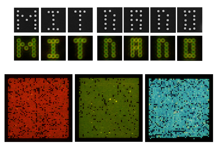These images show nanoparticles (colored dots) that have been precisely arranged onto different surfaces, using the technique developed by Niroui and her collaborators. Their method is so precise that particles can be arranged into arbitrary shapes, like individual letters that spell "MIT NANO," and then transferred to surfaces with high position accuracy, as seen here. @ MIT