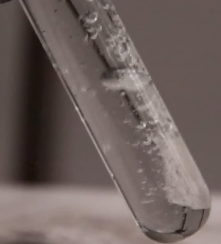 Bubbles of hydrogen gas are generated from the reaction of water with an aluminum-gallium composite. Movies of the reaction are available online. @ Amberchan et al.