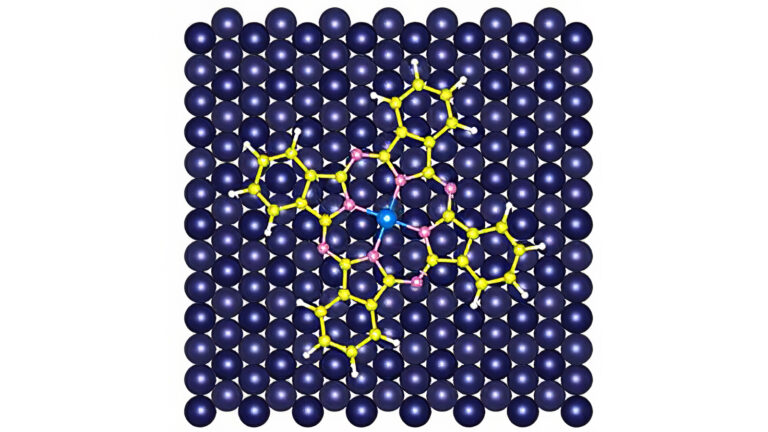 A schematic of a phthalocyanine molecule showing rings of carbon and nitrogen with a metal atom in the center. @ Princeton University