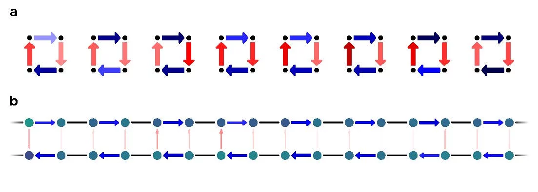 Experimentally measured particle currents in an array of isolated plaquettes with two interacting particles each (top), and currents in a ladder system in the Mott-Meissner phase (bottom). @ Max Planck Society