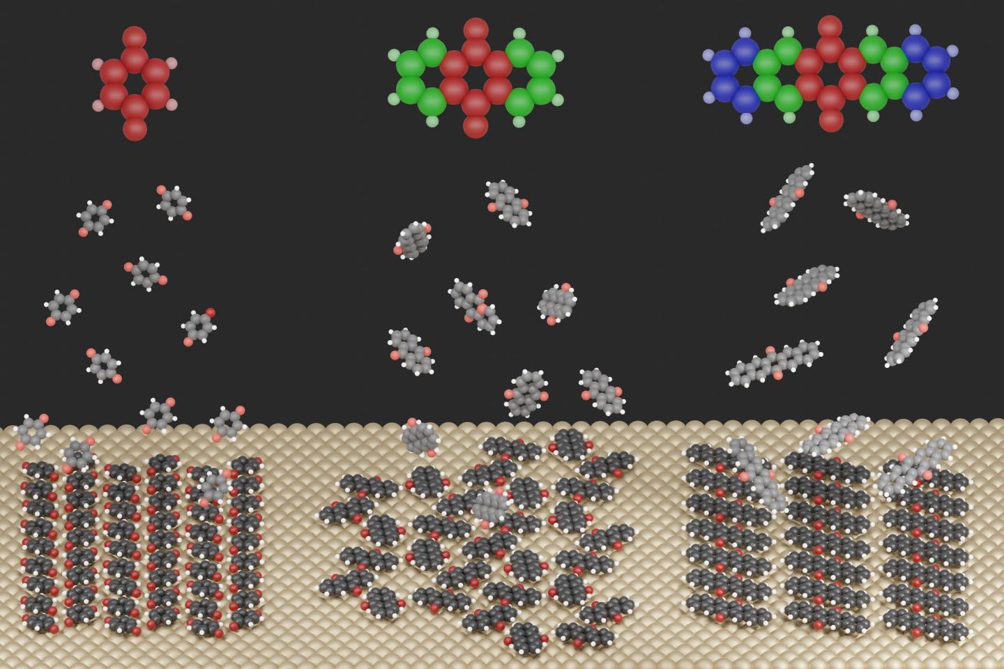 The illustration shows the strongly different surface structures that form for the three molecules studied when adsorbed on a metal surface. @ Jeindl - TU Graz