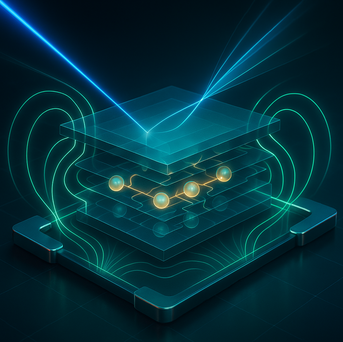 Artistic impression of a 2D crystal inside a chip, where light (in blue) couples to the electric field of the crystal (in green).