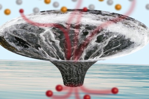 Artist’s impression: the description of electrons in high-temperature superconductors (round particles) exhibiting maximal dissipation in the normal state before passing into a state of minimal (zero) dissipation in the superconducting state. @ Erik van Heumen (Amsterdam)