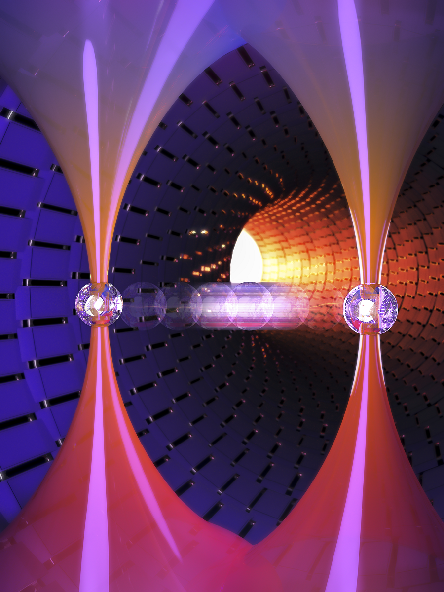 A schematic diagram of the atom catching and throwing technique. The optical tweezer on the left kicks the atom to throw it into a trajectory to have the tweezer on the right catch it to stop it. @ KAIST