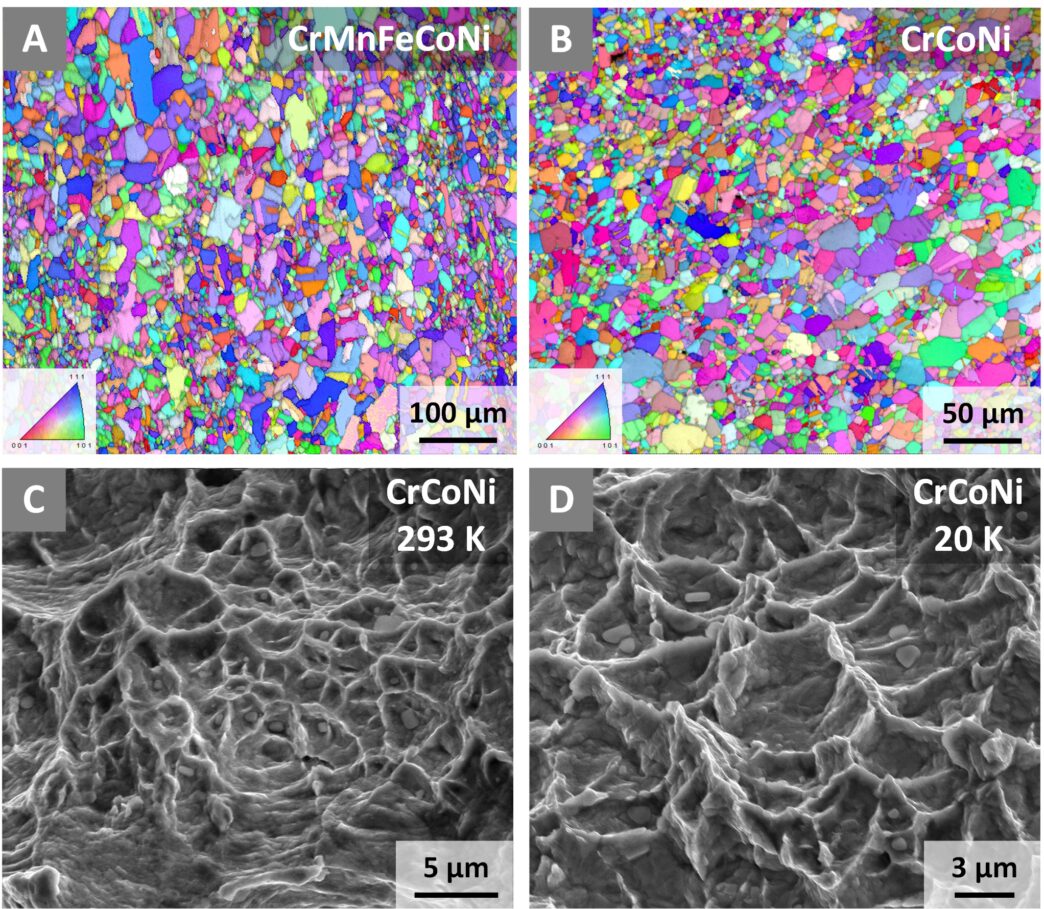 These images, generated from scanning electron microscopy, show the grain structures and crystal lattice orientations of (A) CrMnFeCoNi and (B) CrCoNi alloys. (C) and (D) show examples of fractures in CrCoNi at 293 K and 20 K, respectively. @ Robert Ritchie/Berkeley Lab