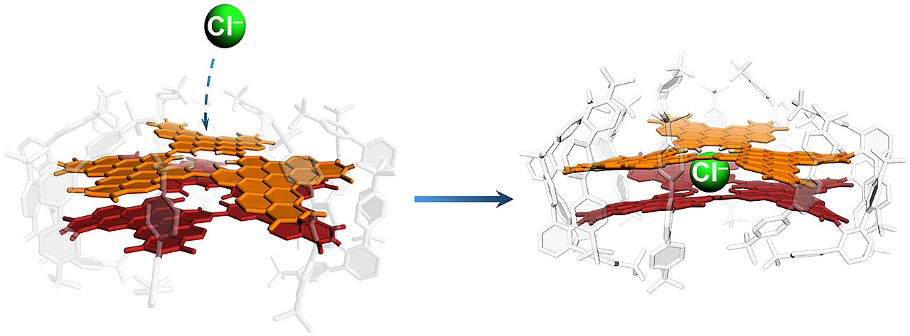 The Würzburg model system consisting of two nanographene layers that can absorb and bind chloride ions (green) through a defect in the crystal lattice. @ Kazutaka Shoyama / Universität Würzburg