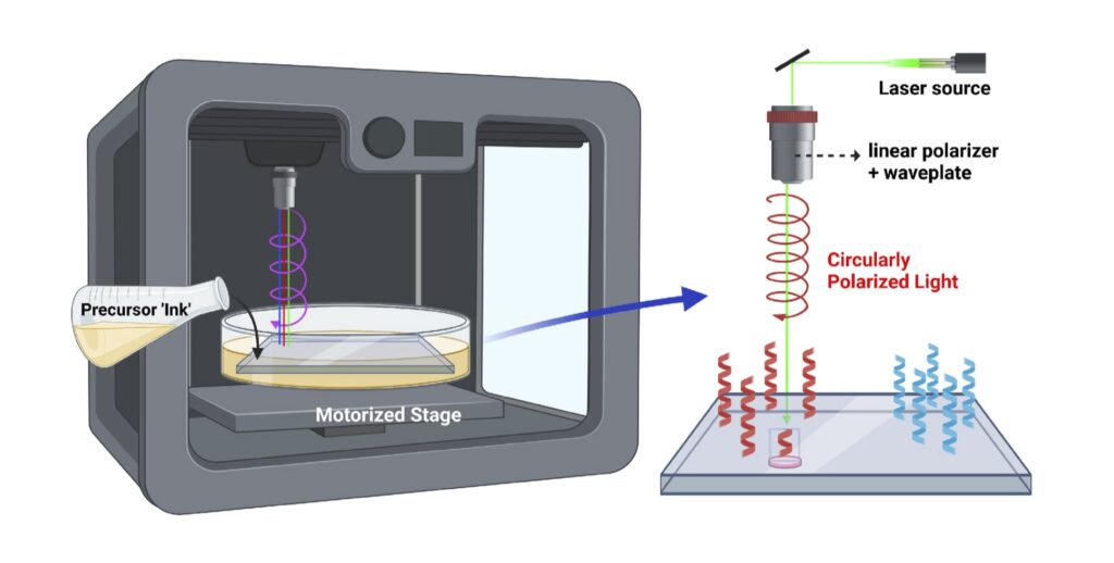 3D printing of helical nanostructures by helical light offers a simpler, cheaper alternative to nanolithography. The schematic illustrates the circularly polarized light-driven printing system with a motorized stage. @ Kim et al. 2024.