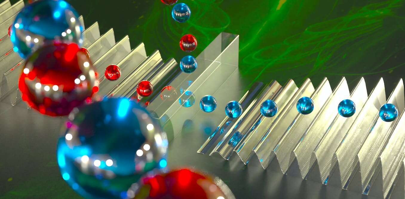 Researchers can use mirrorlike beam splitters to put phonons, or quantum sound particles, into a state of superposition. @ Peter Allen/University of Chicago