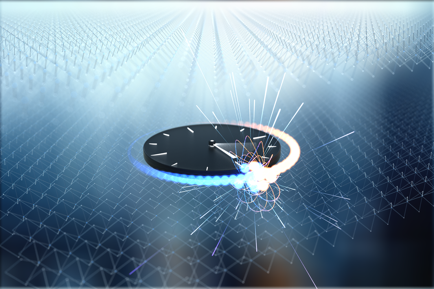 An artist’s impression of attosecond clocking. Electrons, represented in blue and orange, collide to produce bursts of light that reveal the interactions that govern quantum materials and the quantum information they support. @ Brad Baxley (parttowhole.com)