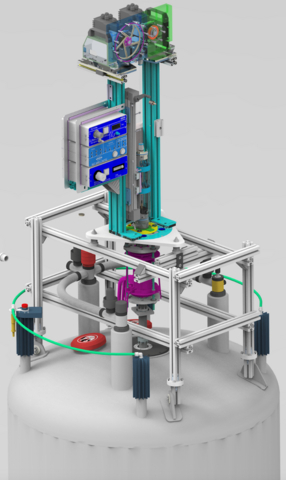 NMR Relaxometry system featuring a Field Cycling Coil (FCC, in purple) and a Fast Shuttle System mounted atop the superconducting magnet, for rapid sample transfer between the magnet and the FCC. @ Bruker Corporation