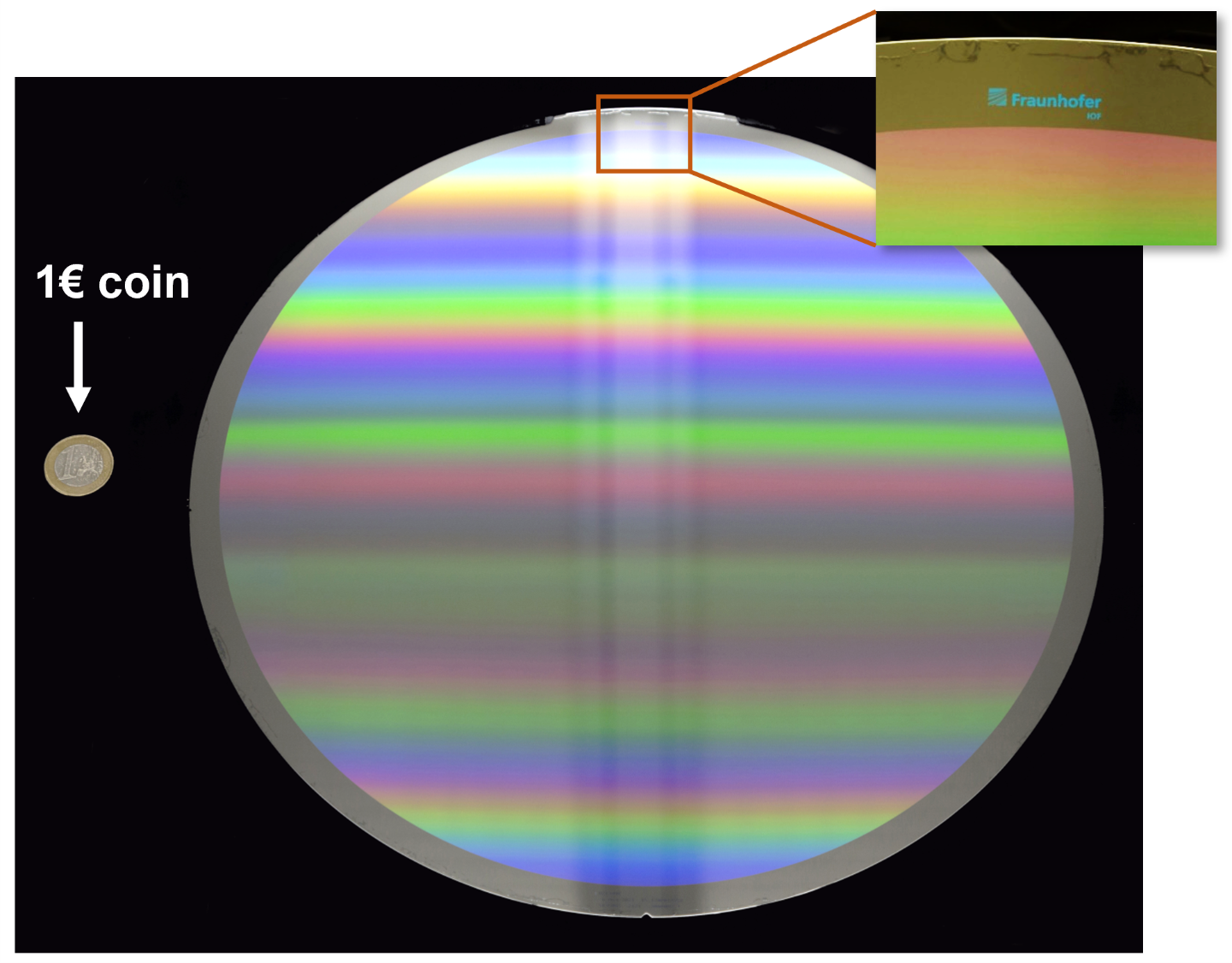 Researchers at Fraunhofer IOF have now succeeded for the first time in realizing a metasurface with a diameter of 30 centimeters - here in comparison with a one-euro coin. @ Fraunhofer IOF