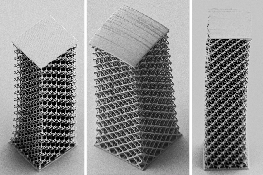 This image shows electron microscope micrographs of polymeric metamaterial samples, approximately 50 micrometers wide and as tall as about twice the width of human hair, whose properties were determined via the LIRAS technique. Pump and probe lasers were aimed at the flat tops to induce vibrations throughout the samples. @ MIT