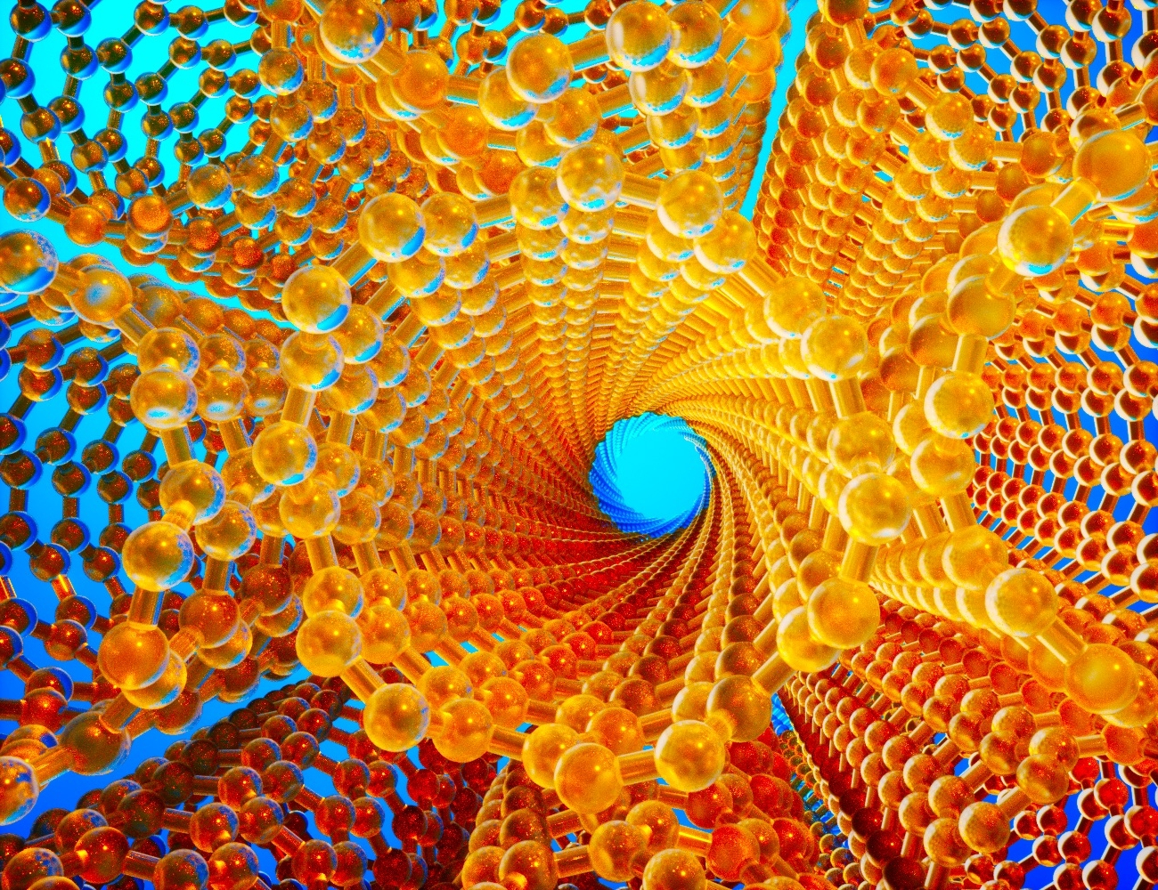 The image looks down the barrel of a metallic carbon nanotubes embedded in an array of closely-packed carbon nanotubes with different electronic properties. @ Ella Maru Studio