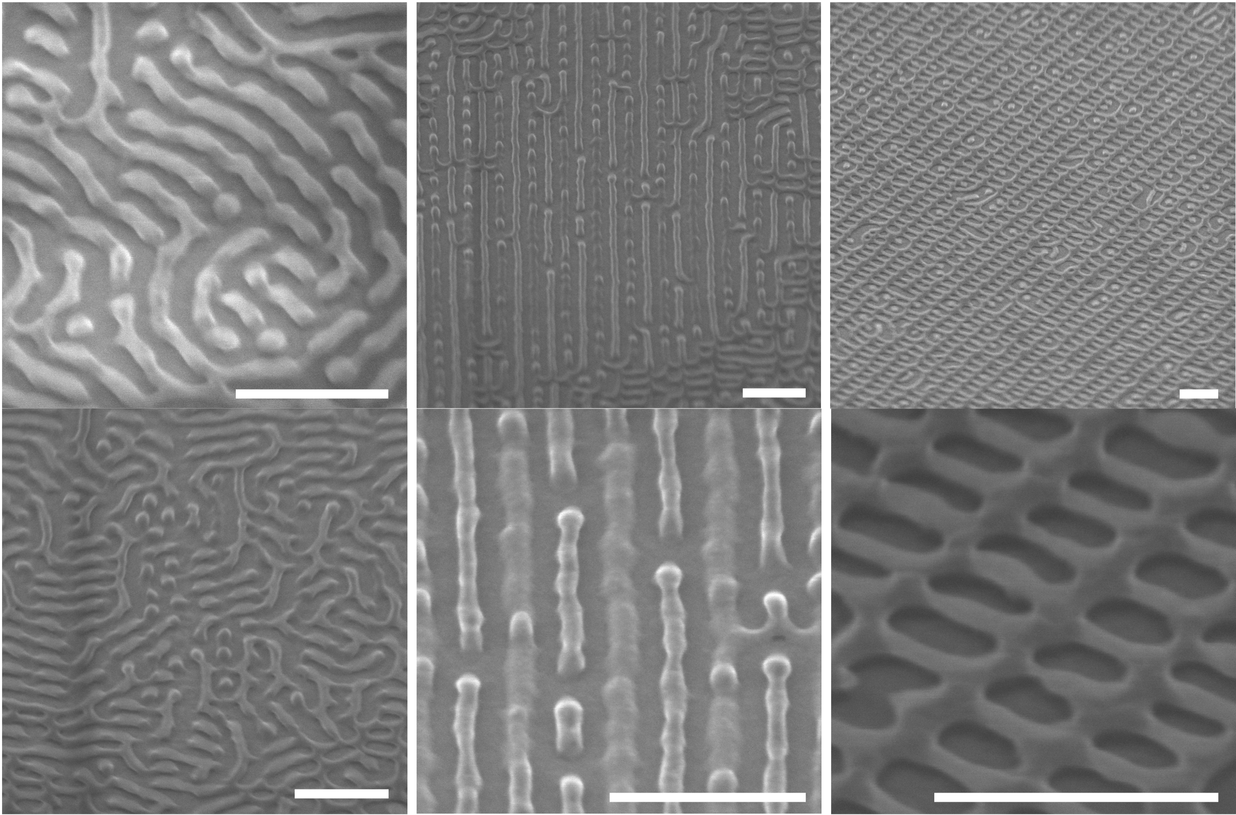 Scanning-electron microscopy images depict novel nanostructures discovered by artificial intelligence. Researchers describe the patterns as skew (left), alternating lines (center), and ladder (right). Scale bars are 200 nanometers. @ Brookhaven National Laboratory