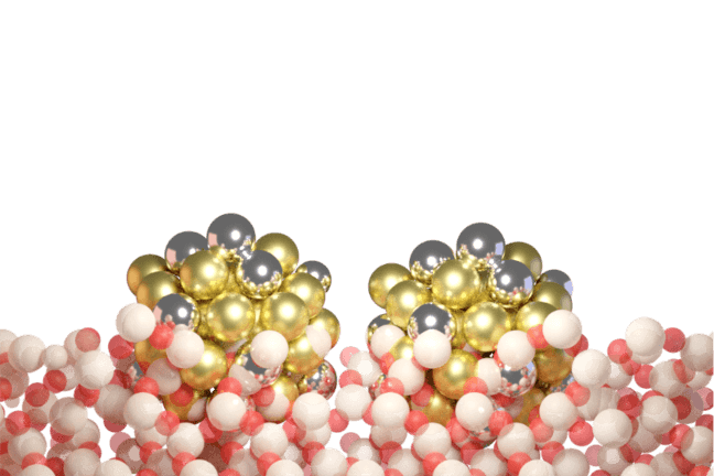 Smaller average interparticle distance. Gold, silver, white and red spheres represent gold, palladium, Silicon and oxygen atoms, respectively. @ Harvard SEAS