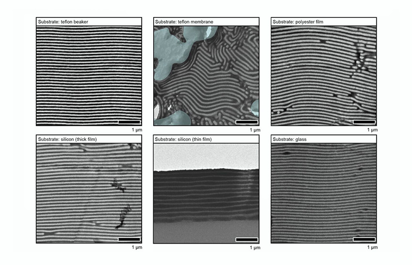 Transmission electron microscope (TEM) images of the new 2D nanosheet as a barrier coating that self-assembles on a variety of substrates, including a Teflon beaker and membrane, polyester film, thick and thin silicon films, and glass. The TEM experiments were conducted at UC Berkeley’s Electron Microscope Laboratory. @ Emma Vargo et al./Berkeley Lab. Images courtesy of Nature.