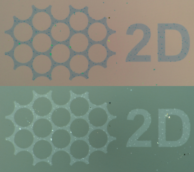 The diverse surface forces available at the nanoscale enable researchers to adapt the adhesive matrix transfer to many different materials. For example, here, by using adhesive polymers, they are able to transfer patterned graphene, a one-atom-thick sheet of carbon, from a source substrate (top image), to a receiving adhesive polymer (bottom image). @ Niroui Group