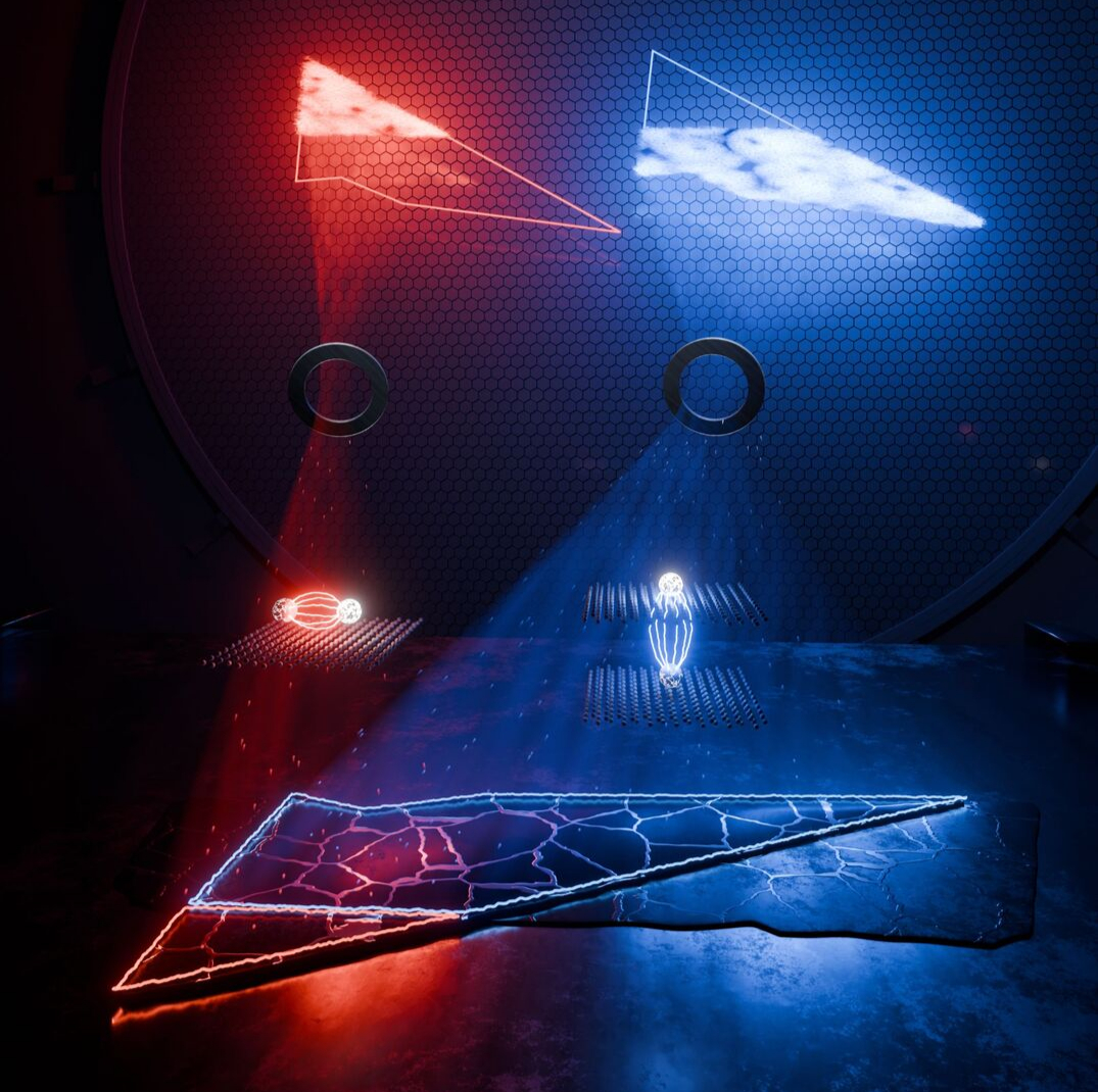 Artistic representation showing how the newly developed technique – Ultrafast Dark-field Momentum Microscopy – allows both bright excitons (shown in red) and dark excitons (shown in blue) to be analysed.
