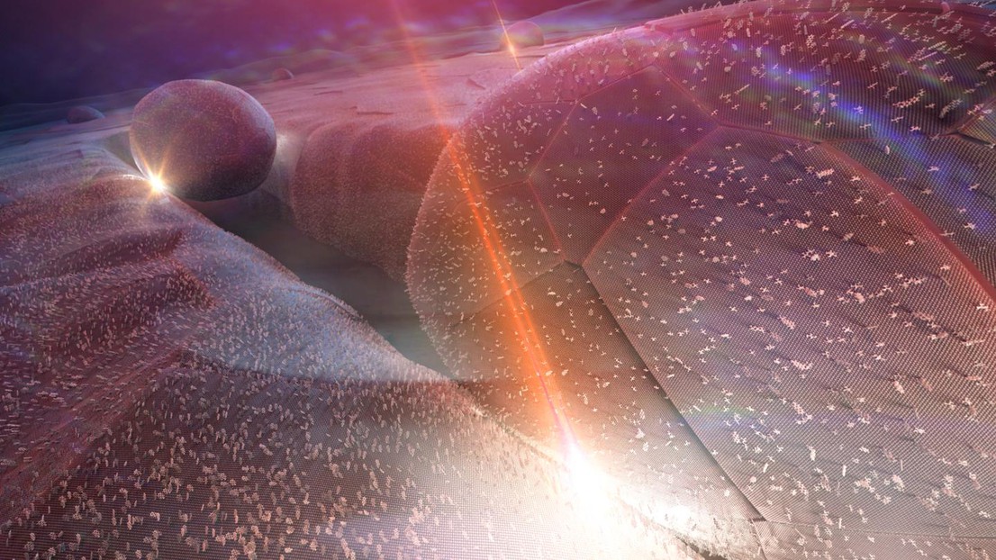 Artistic view of the nanoparticle-in-groove plasmonic cavities. Molecules cover the gold film and are sandwiched between the groove and the 150-nm large nanoparticle. The infrared signal of interest comes from below the substrate while the pump laser providing energy for upconversion comes from the top. Both are focused by the cavity onto the molecules, and interact with their internal vibrations to generate an upconverted copy of the infrared signal at visible frequencies (bright spot). @ Nicolas Antille