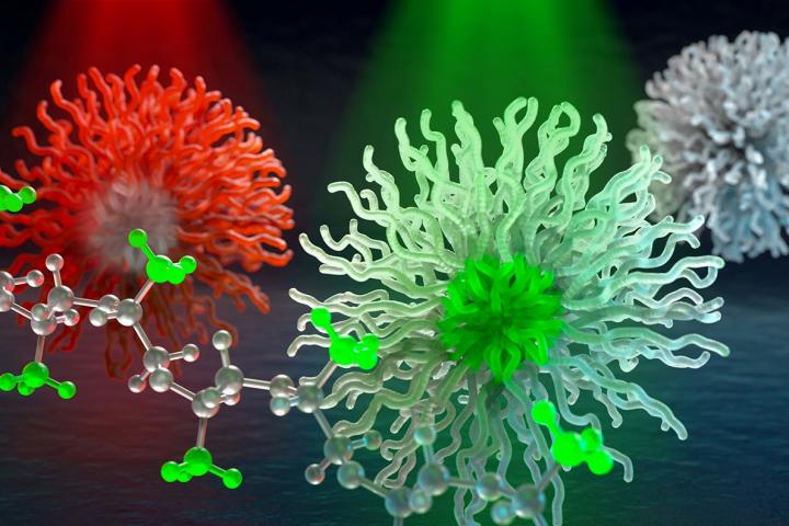 Special X-ray colors resonate with bonds in molecules, (methyl is pictured in this illustration). This enables scientists to selectively probe chemically distinct parts of micelle nanocarriers--in development for smart medicine and hydrocarbon sequestration related to oil spill clean-up. @ Washington State University