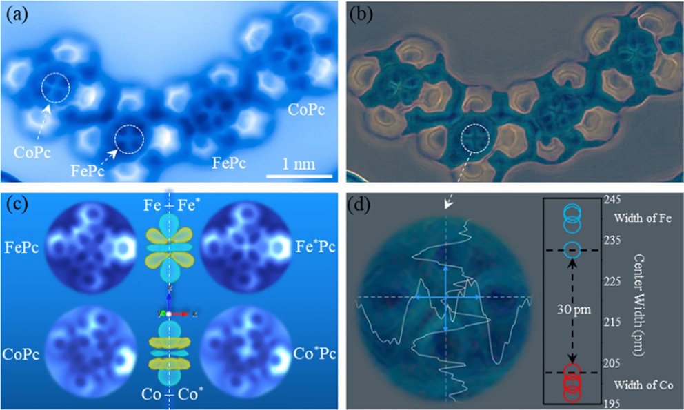 AFM images of FePc and CoPc on a Cu(111) surface (a) Experimental constant-height AFM frequency-shift images. (b) Glow-edges filtered experimental AFM image (based on a). (c) Simulated AFM images. (d) Estimated width (in pm) of the central part of the spin-polarized DFT calculations. @ University of Texas at Austin