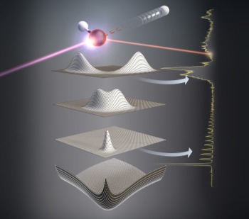 Resonant X-ray excitation (purple) core excites the oxygen atom within a H2O molecule. This causes ultrafast proton dynamics. The electronic ground state potential surface (bottom) and the bond dynamics is captured by distinct spectral features in resonant inelastic X-ray scattering (right). @ Martin Künsting /HZB