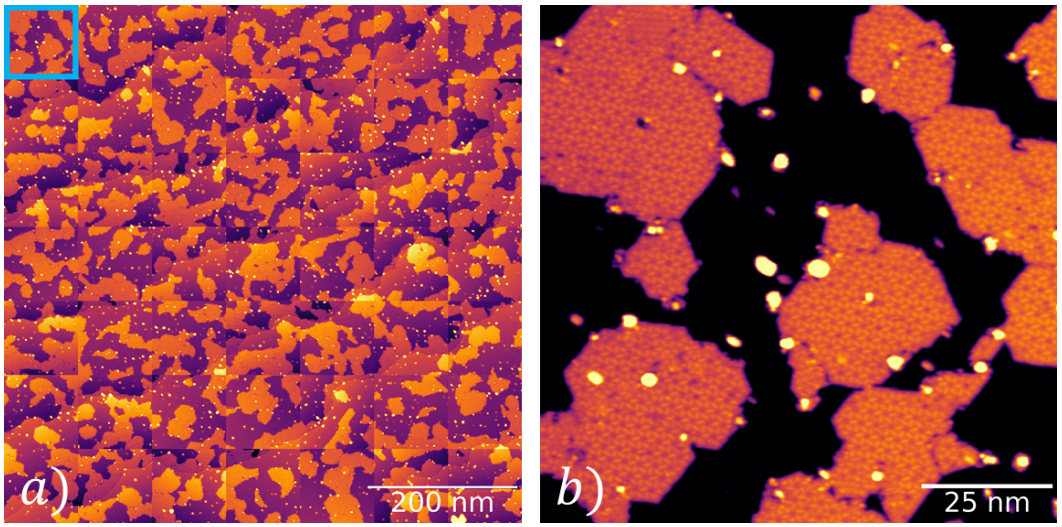 Scanbot autonomous survey: a) An autonomous survey of a 2D metal-organic framework comprised of 49 STM images in a 7×7 grid stitched together, acquired by Scanbot after it prepared a ‘good STM tip’ automatically. b) A single STM image extracted from the automated survey (blue box in a)). @ FLEET