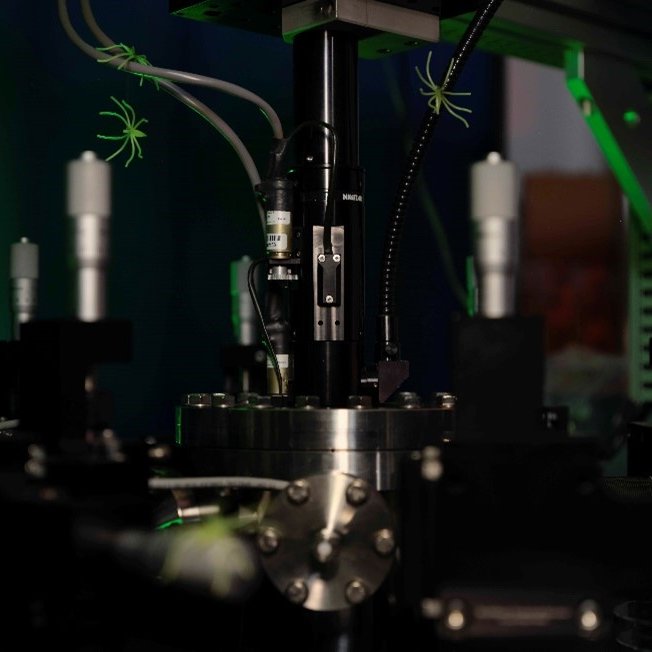 The spiderweb sensors vibrate in a vacuum chamber to avoid contact with air and probed with laser light using optical fibers. @ Frank Auperlé