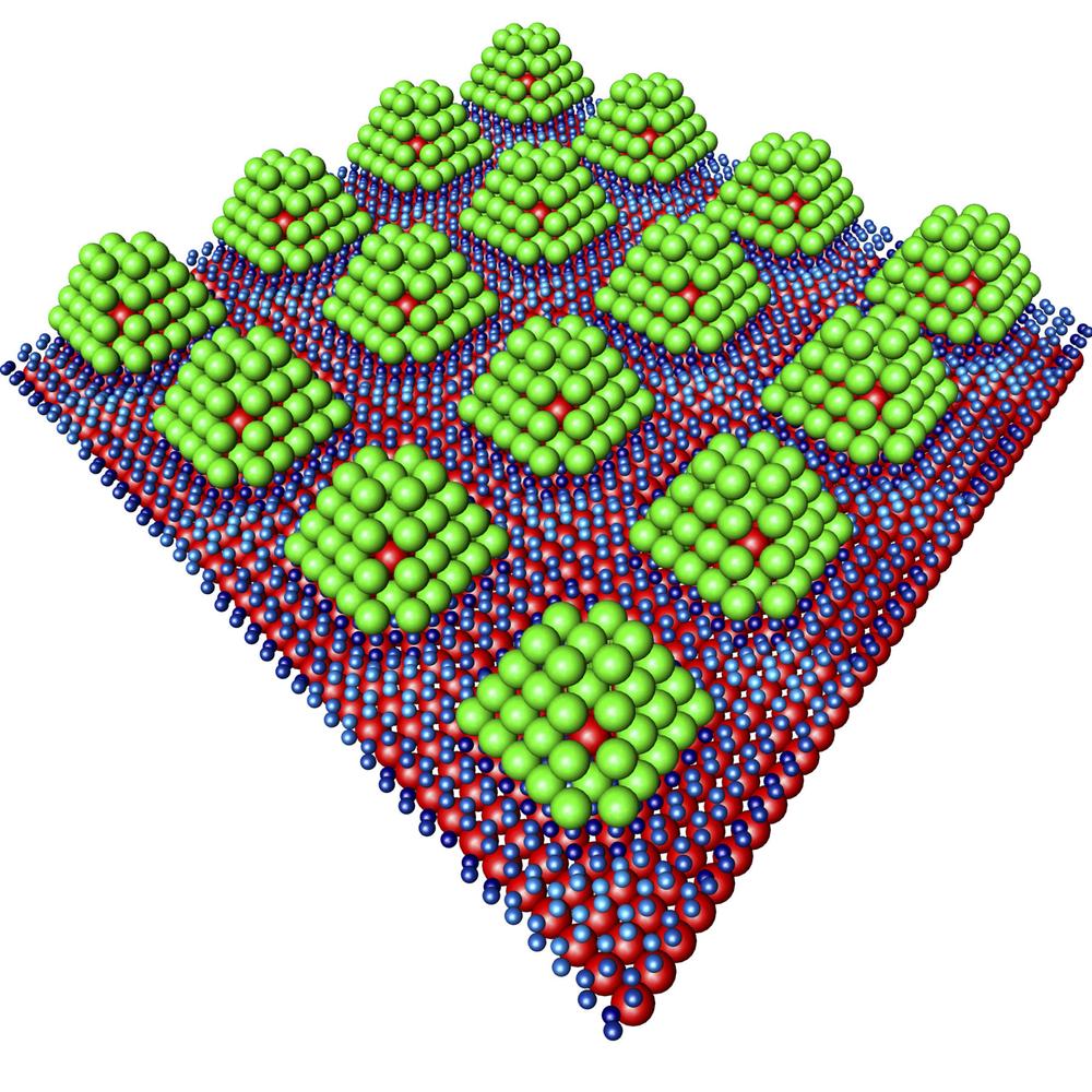 The palladium nanoparticles (green) are stabilised by a core of iridium (red). Hydrogen can accumulate on their surface like a kind of chocolate glaze - and can be released again by heating. @ DESY, Andreas Stierle
