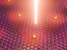 Two twisted boron nitride layers (blue and pink) create a crystal lattice at a distance in which electrons (gold) can arrange themselves in a regular pattern.  