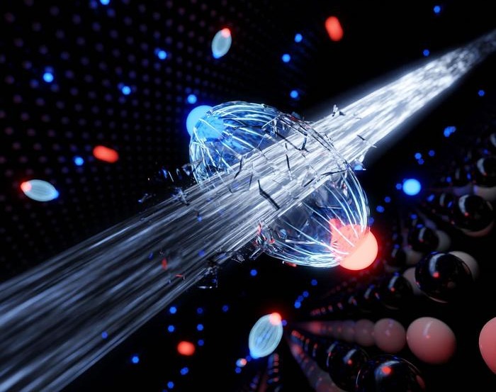 An ultra-short flash of light breaks the bond between the electron (red) and the hole (blue), enabling research on charge-transfer processes in atomically thin semiconductors. @ University of Göttingen