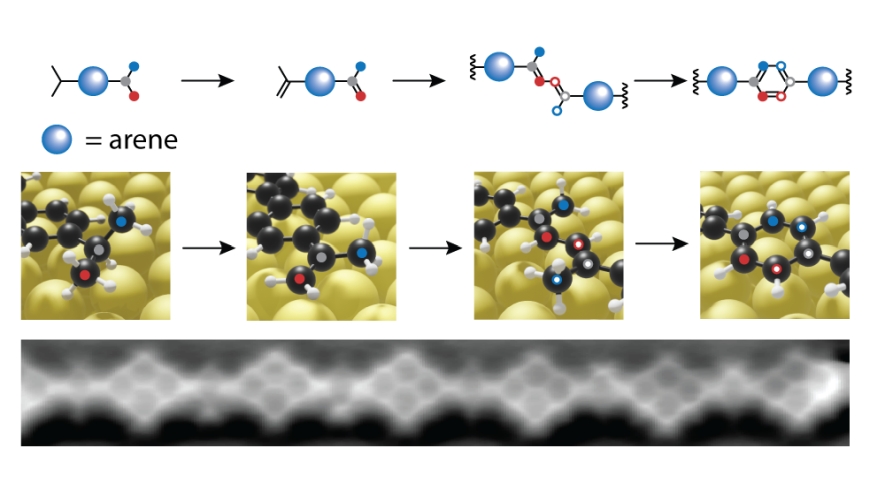 Chemical synthesis on a gold surface: a hydrogen is abstracted from saturated isopropyl groups. At 200 degrees Celsius, the carbon atoms (red and blue in the picture above) combine to form a new benzene ring. In this way, individual molecular building blocks link into a polymer chain, as is seen with the atomic force microscope (bottom). @ Empa