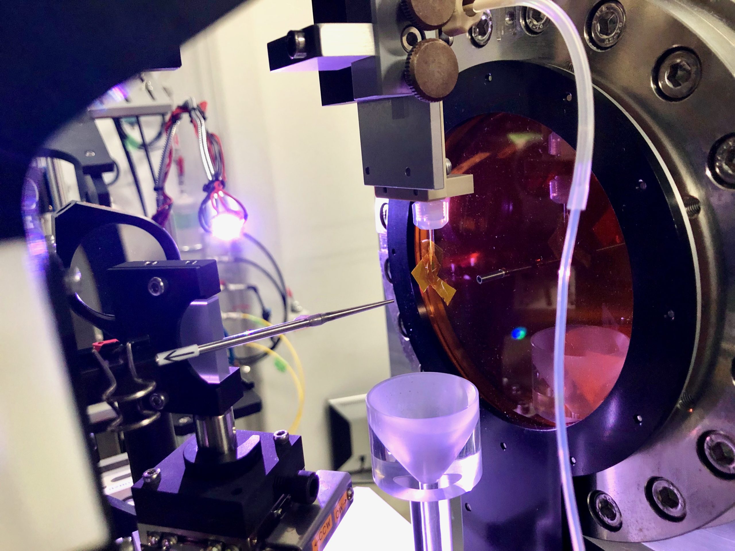 Part of the XFEL where the sample is injected into the path of the X-ray beam. This XFEL facility, called the SPring-8 Angstrom Compact free electron LAser (SACLA) is in Japan. The team traveled there and performed their experiments in 2019. @ Nate Hohman/University of Connecticut