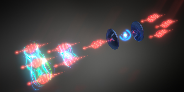 Artist's impression of how photons bound together after interaction with artificial atom. @ The University of Basel