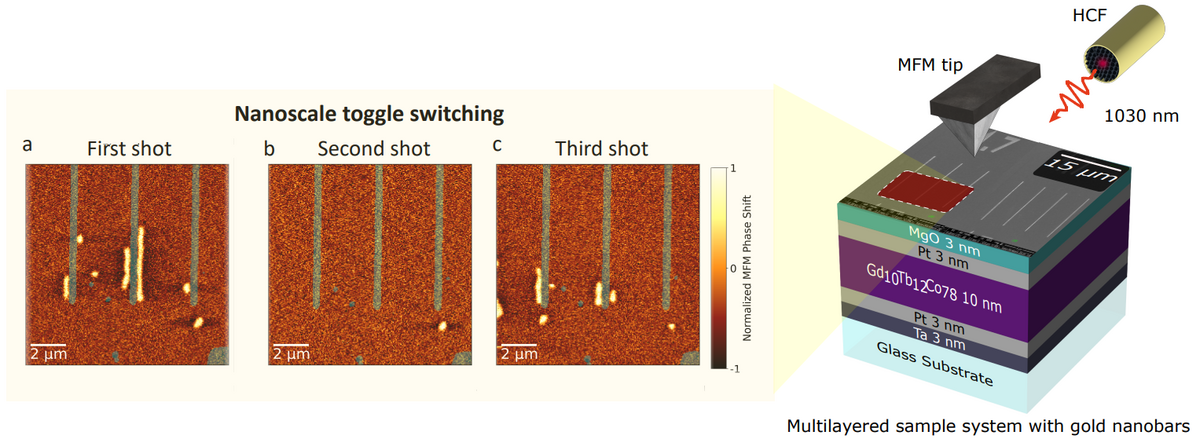 Fig.1: Schematic illustration of direct in-situ high-resolution magnetic imaging using MFM. An ultrashort intense laser pulse is guided through a hollow-core fiber and applied to plasmonic structures deposited on a magnetic multilayer sample. The change in magnetic state probed after irradiation of (a) First laser shot focused on the plasmonic nanobars (superimposed in green). (b) Second laser shot with the same fluence switches the magnetization state back to its original state. (c) Excitation with the third laser pulse reverses the magnetization state at the edge of the nanobars. @ Max Born Institute