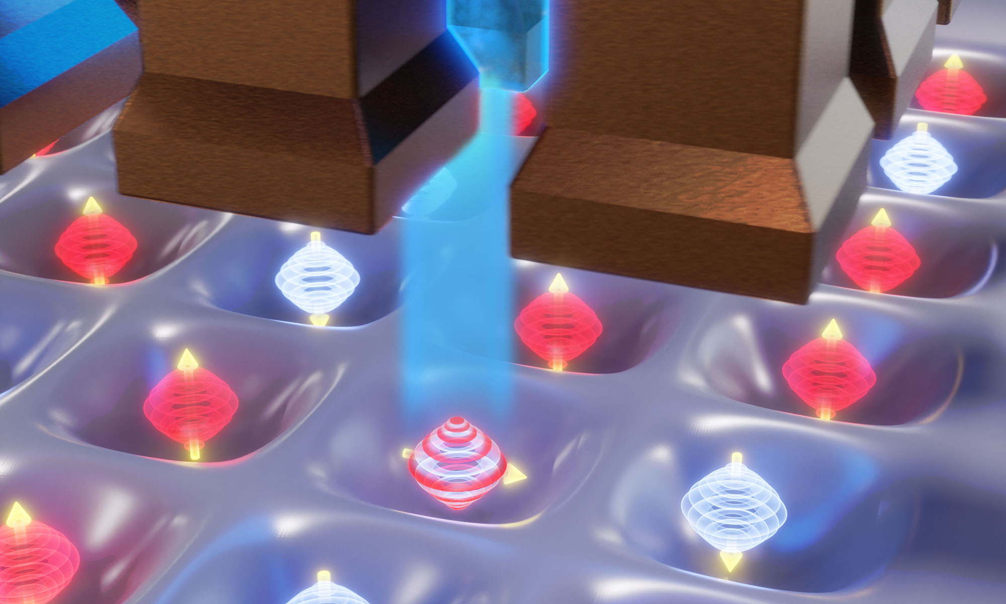 Researchers at the University of Rochester developed a new method for manipulating information in quantum systems by controlling the spin of electrons in silicon quantum dots. Electrons in silicon experience a phenomenon called spin-valley coupling between their spin (up and down arrows) and valley states (blue and red orbitals). When researchers apply a voltage (blue glow) to electrons in silicon, they harness the spin-valley coupling effect and can manipulate the spin and valley states, controlling the electron spin. @ University of Rochester / Michael Osadciw