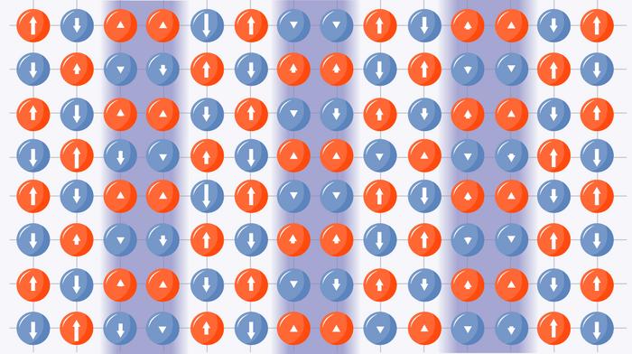 An illustration showing how electrons, which can have either an up or a down spin, can form a striped pattern in the Hubbard model. Recent breakthrough computations with this model are helping scientists better understand a class of high-temperature superconductors called cuprates. @ Lucy Reading-Ikkanda/Simons Foundation