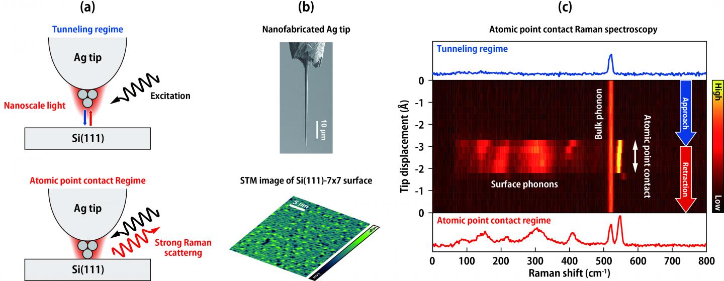 Figure 1 (a) Illustration of the experiment. (b) Scanning electron micrograph of a Ag tip (top) and scanning tunneling microscopy image of the Si(111)-7×7 surface. (c) Atomic point contact Raman spectra. @ NINS/IMS