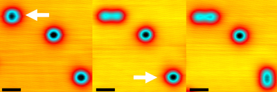 Scanning tunneling microscopy images showing two oxygen molecules on a silver surface being disassociated by the application of a positive voltage pulse. The molecule on the top left is disassociated first (middle image), followed by the one on the bottom right (right image). @ American Chemical Society.