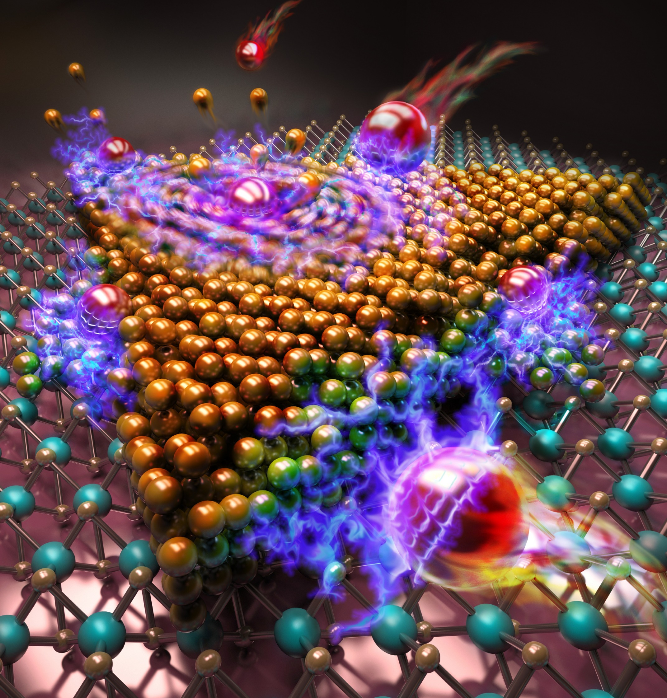 Highly charged ions hit tiny gold nuggets on an insulating surface. @ ucyborg.com/studio