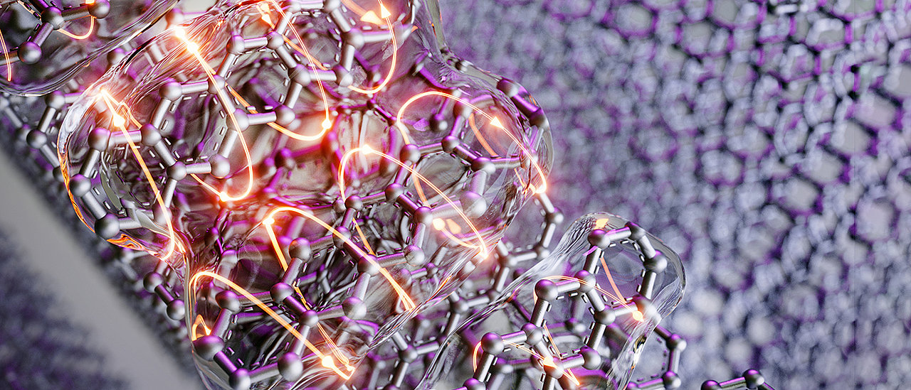 Illustration of exciton splitting in the organic semiconductor pentacene, which consists of five benzene rings each. Instead of the usual two free charge carriers, absorption of a photon in pentacene generates four free charge carriers, represented by orange tracks. @ TU Berlin