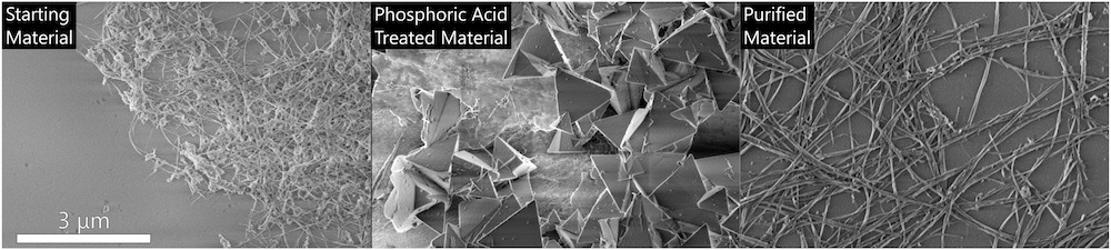 Scanning electron microscopy images of the starting material (from left), the material resulting from the high-concentration phosphoric acid treatment and the purified boron nitride nanotubes. @ Martí group / Rice University