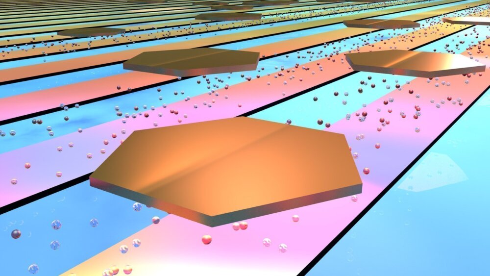 Golden nanoparticles (here in hexagonal shape) are bound to metal strips (shown in color) by binding Casimir forces. By immersing the particles in a binary mixture that segregates at higher temperatures (red and blue bubbles), they are released from the substrate again. @ Falko Schmidt