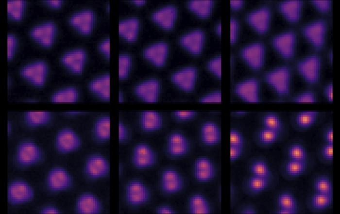 From top left: Scanning tunneling microscope images of electrons evolving into a single Wigner molecule (bottom right). @ Berkeley Lab