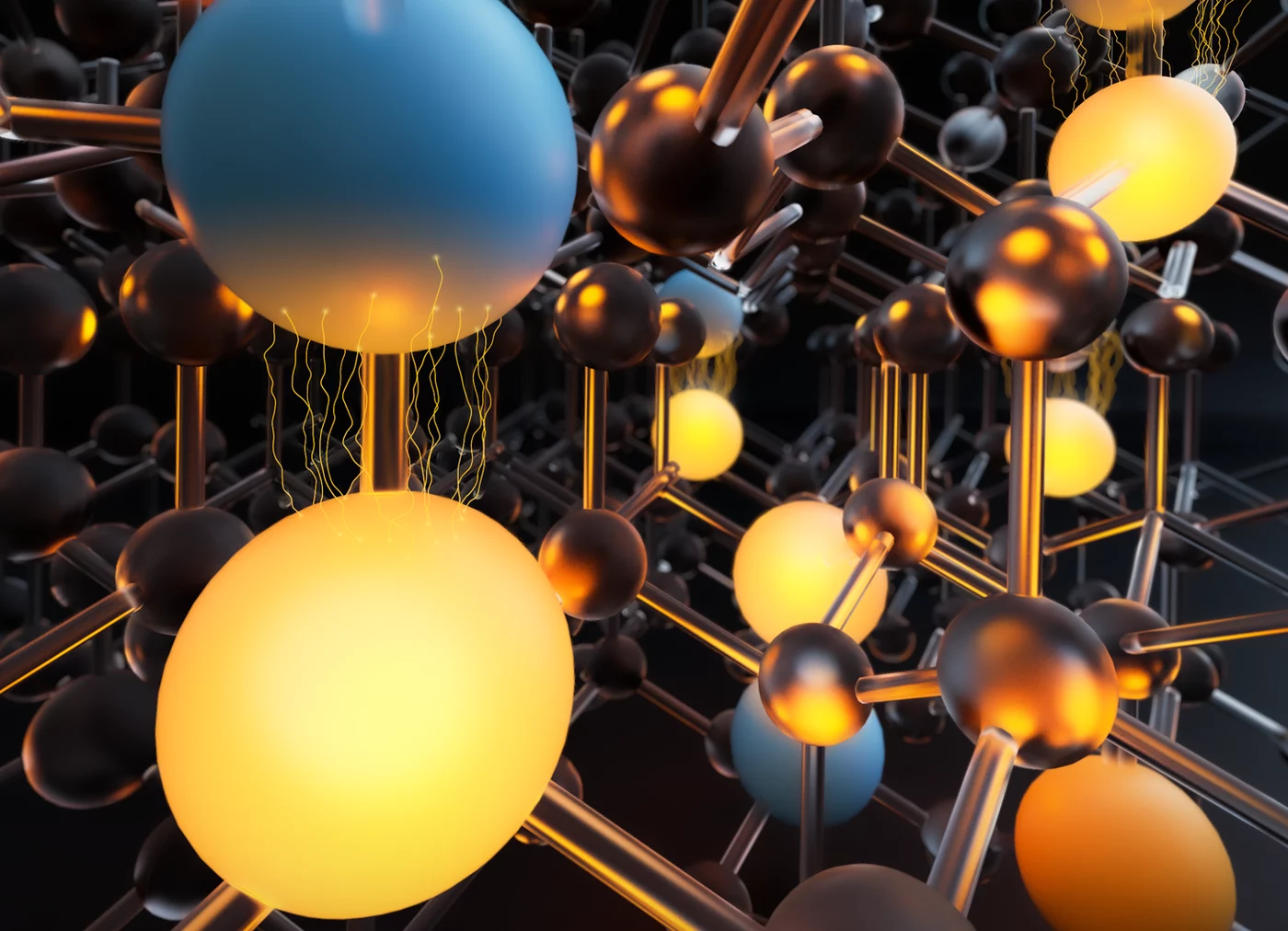 Individual erbium dopant atoms (yellow) in crystals made from other elements can be detected by measuring fluorescence light after resonant excitation with a laser. When the dopants are located at a site that is neighboring another dopant atom (blue), the resonance frequency is changed because of the mutual interaction. @ Chris Hohmann, MCQST